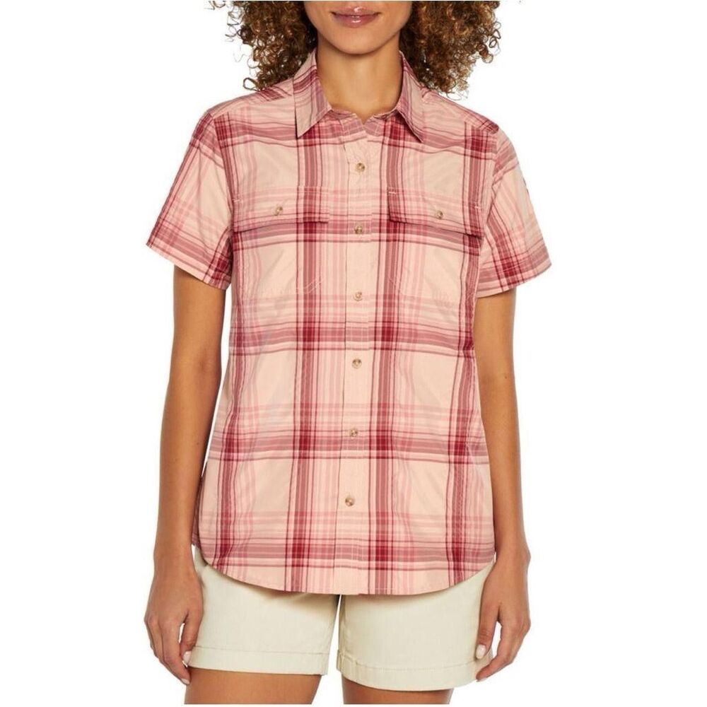 Eddie Bauer Button Up Adventure Shirt Womens L Plaid Pockets UPF 50 Peach NWT